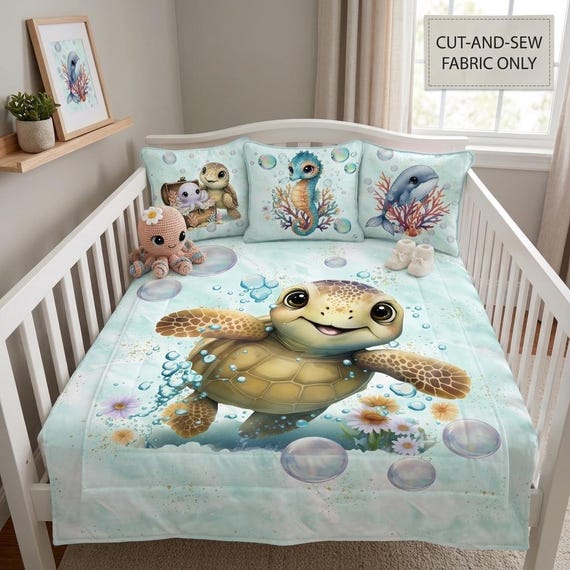 Sea turtle nautical fabric panels for baby quilts, Baby ocean quilt panels fabric, Cute octopus dolphin quilt fabric bundle