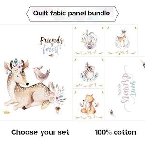 Boho fabric panels, Forest aninals fabric, Baby quilt fabric bundle