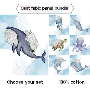 Whale fabric panels for quilting, Sea turtle, octopus, dolphin fabric panels, Nautical quilt fabric bundle