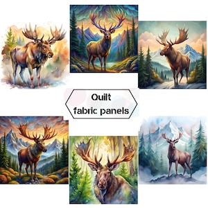 May include: A collection of six watercolor quilt fabric panels featuring majestic elk in various forest and mountain settings. The elk have large antlers and are depicted in vibrant colors, with the text "Quilt fabric panels" in the center.