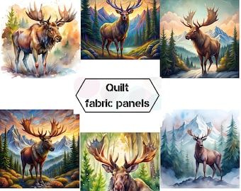 May include: A collection of six watercolor-style quilt fabric panels featuring majestic elk in various forest and mountain settings. The elk have large antlers and are depicted in vibrant colors, with the text "Quilt fabric panels" in the center.
