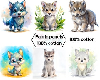 Cute baby wolf fabric panels for quilts, Wildlife organic cotton fabric panels for quilting, Quilt fabric forest nursery wall decor