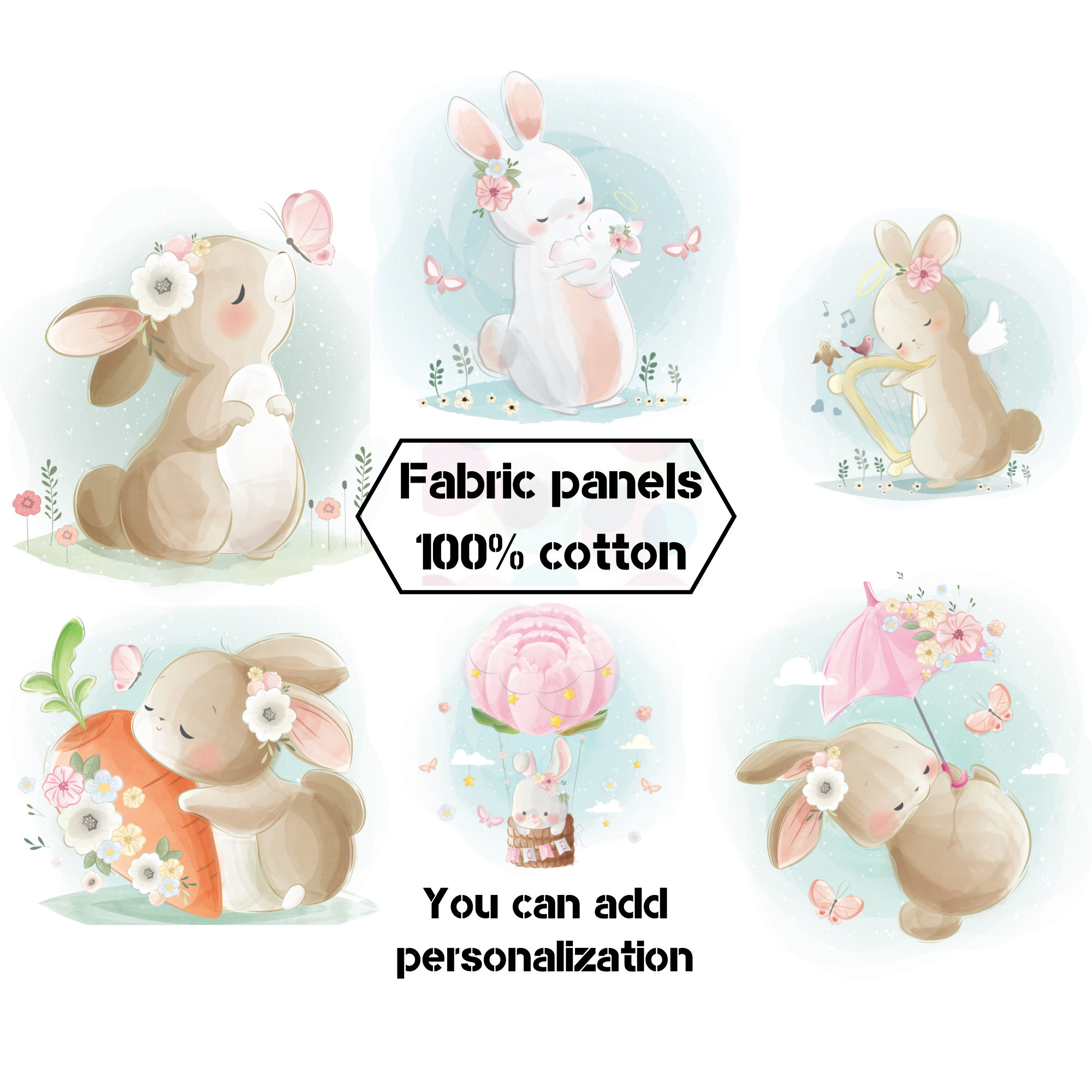 Hare baby quilt fabric panels, Organic cotton fabric for baby quilting, Baby girl fabric panels for blankets, pillows, swaddle