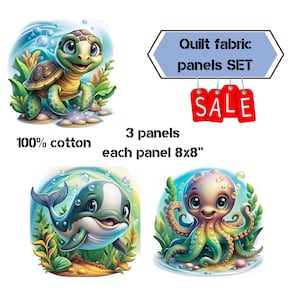 Sea life fabric panels for baby quilts, Cute octopus quilting fabric, Turtle fabric scraps, Whale cotton fabric SALE