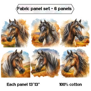 Horse print quilt panel fabric, Watercolor horse fabric panels for quilting, Horse blanket, pillow, quilt - set of 6