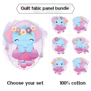 Baby elephant fabric panel for quilting, Baby quilt panels fabric, Baby cotton fabric bundle for baby blanket