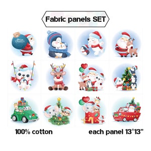 以下が含まれることがあります： クリスマスをテーマにしたイラストが特徴のファブリックパネルセット。各パネルには、サンタクロース、ペンギン、シロクマ、トナカイなどの愛らしいキャラクターが描かれています。パネルは33cm x 33cmで、綿100％です。