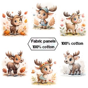 Cute baby moose fabric panels for quilts, Wildlife organic cotton fabric panels for quilting, Quilt fabric forest nursery wall decor