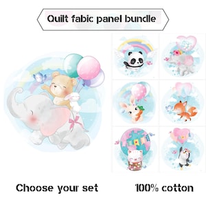 以下が含まれることがあります： 風船を持った動物たちの愛らしい水彩イラストが特徴のキルト生地パネルバンドル。象、パンダ、キツネなどが含まれています。「Quilt fabric panel bundle」、「Choose your set」、「100% cotton」と書かれています。