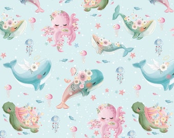 Ocean fabric by the yard, Organic cotton sea life animal fabric fat quarters, Quilting fabric for nautiacl baby blanket