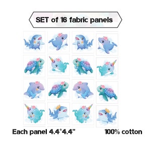 Sea life fabric panels for baby quilts, Ocean life fabric bundle, Cotton fabric scraps on SALE