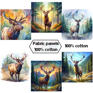 Elk fabric panels for quilts, Wildlife organic cotton fabric panels for quilting, Quilt fabric  cabin wall decor