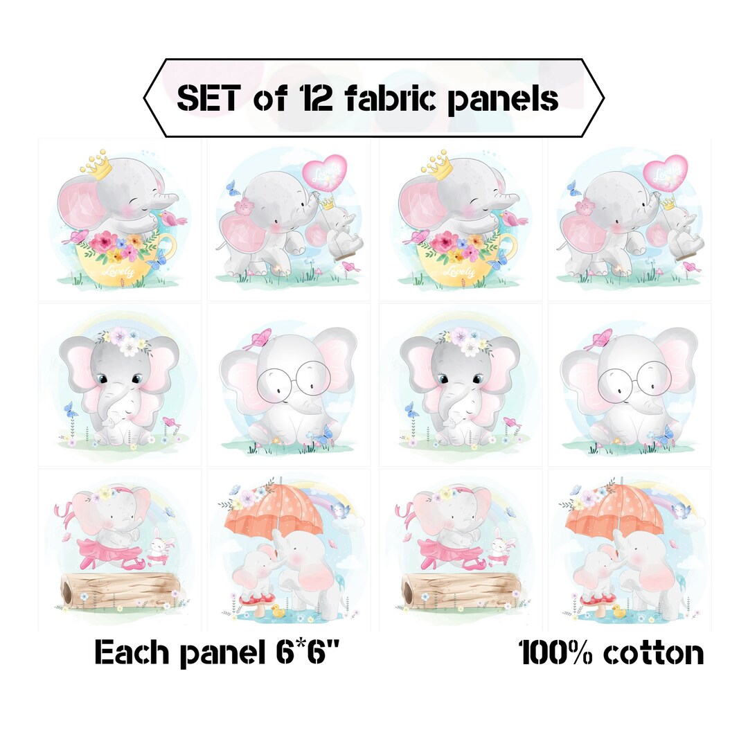 Baby Elephant Fabric Panels, Girl Organic Cotton Fabric Panels for Quilting, Baby Quilt Fabric
