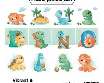 May include: Set of fabric panels featuring colorful cartoon dinosaurs, each panel measuring 13"x13". The panels include various dinosaurs with vibrant colors and the text "Fabric panels SET" and "Vibrant & Lasting Colors".