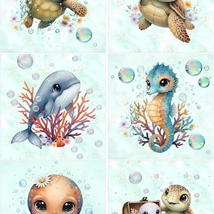 May include: A set of six illustrations featuring aquatic animals including sea turtles, a whale, a seahorse, and an octopus. The characters are depicted with large eyes, surrounded by bubbles, colorful coral, and small flowers on a light blue background.