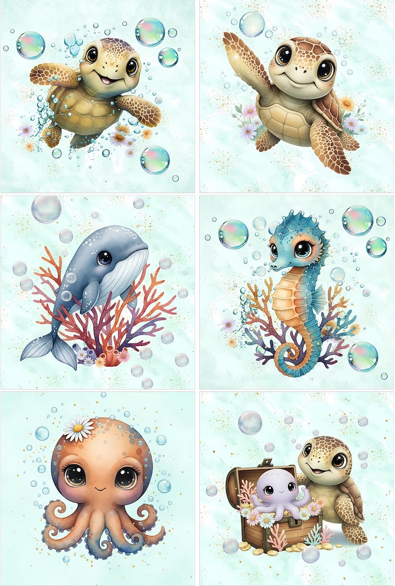 May include: A set of six illustrations featuring aquatic animals including sea turtles, a whale, a seahorse, and an octopus. The characters are depicted with large eyes, surrounded by bubbles, colorful coral, and small flowers on a light blue background.
