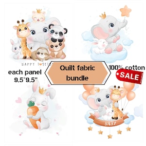 Baby cotton fabric for quilting, Baby fabric panels scraps, Quilt fabric bundle - elephant, giraffe, sloth fabric for baby quilt - on SALE
