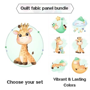 Puede incluir: Un conjunto de paneles de tela de edredón con ilustraciones de acuarela de jirafas. Las imágenes incluyen una jirafa con corona, una jirafa en un columpio y una jirafa durmiendo en una luna creciente. El texto incluye "Quilt fabric panel bundle", "Choose your set" y "Vibrant & Lasting Colors".