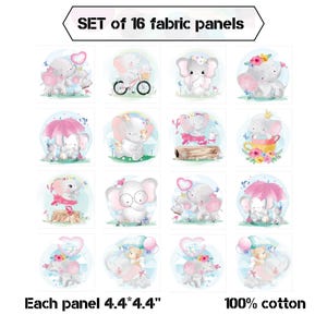 Cute baby elephant fabric panels, Girl organic cotton fabric panels for quilting, Baby quilt fabric bundle - SALE