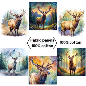 Elk fabric panels for quilts, Wildlife organic cotton fabric panels for quilting,Deer quilt fabric cabin wall decor