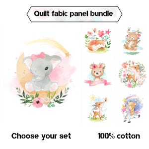 Puede incluir: Un paquete de paneles de tela de edredón con ilustraciones de acuarela de animales lindos, incluyendo un zorro, un oso, un ciervo y un elefante. Se muestra el texto "Quilt fabric panel bundle", "Choose your set" y "100% cotton".