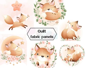 Foxes fabric panels for baby quilts, Animal print fabric fat quarter, Fox print fabric for quilting