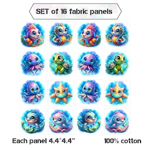 Sea life fabric panels for baby quilts, Ocean life fabric bundle, Cotton fabric scraps on SALE