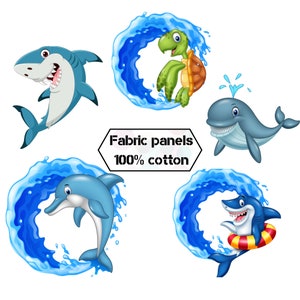 Sea fabric panels, Ocean fabric cotton, Baby nautical fabric, Turtle shark fabric