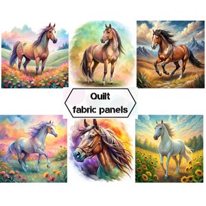 Op de afbeelding: Zes aquarel illustraties van paarden in verschillende poses en omgevingen. De paarden worden afgebeeld in bloemenvelden en tegen kleurrijke luchten. De tekst "Quilt fabric panels" staat in een zwarte zeshoek.
