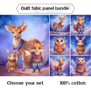 Cute boho animals quilt fabric panels, Blue purple woodland animal quilt fabric bundle, Girl boy fabric for quilting