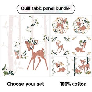 Cute baby deer fabric panels with flowers, Baby girl quilt panels fabric, Woodland animal quilt fabric bundle