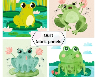 Frog fabric panels for quilting, Baby quilt panels fabric, Cute frog blanket fabric