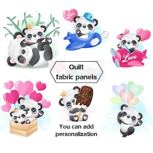 May include: A collection of adorable panda bear illustrations. The pandas are depicted in various scenes, including flying a plane, holding balloons, and enjoying ice cream. Text on the image reads "Quilt fabric panels" and "You can add personalization."