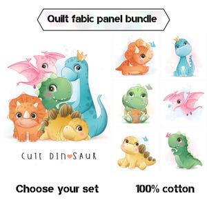 Baby dinosaur fabric panels, Cute dinosaur quilt panels fabric, Dino childrens quilt fabric bundle
