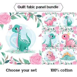 Baby girl dinosaur fabric panels with pink flowers, Cute dinosaur quilt panels, Dinosaur nursery fabric for quilting, Quilt fabric bundle