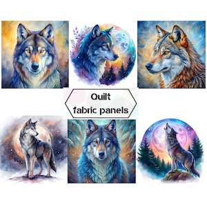 Puede incluir: Seis imágenes de lobos estilo acuarela. Cada imagen presenta un lobo con detalles en el pelaje y los ojos, sobre fondos de cielos coloridos, lunas y bosques. Se muestra el texto "Quilt fabric panels".