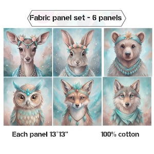 Cute boho animals baby quilt fabric panel, Woodland wild animal quilt fabric bundle, Girl boy fabric for quilting, sewing project - set of 6