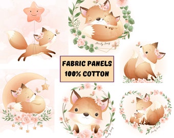 Foxes fabric panels for baby quilts, Animal print fabric fat quarter, Fox print cotton fabric for quilting