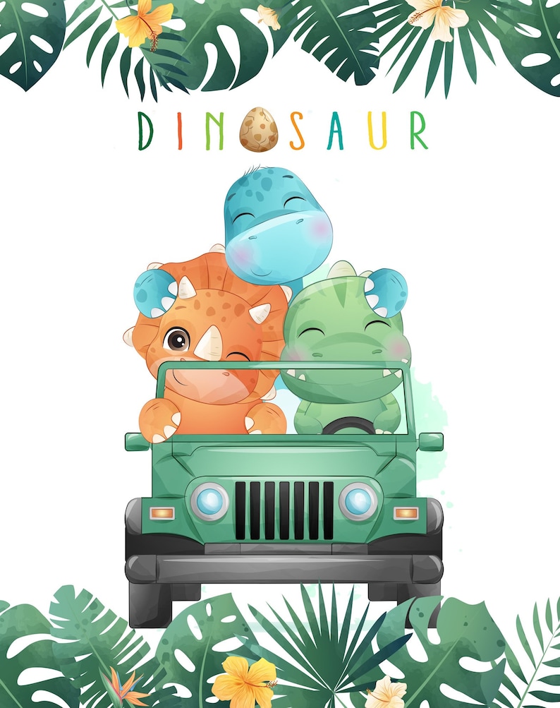 May include: A whimsical illustration features three cartoon dinosaurs in a green jeep. The dinosaurs are blue, orange, and green. The word "DINOSAUR" is written above the jeep in colorful letters. Tropical leaves and flowers frame the image.