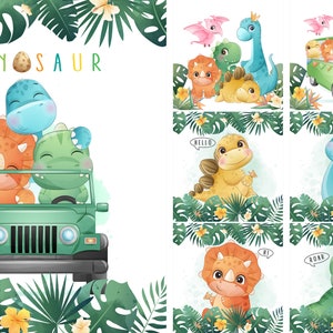 May include: Watercolor illustrations of cute dinosaurs in various scenes. One shows three dinosaurs in a green jeep. Other images feature dinosaurs with speech bubbles and in a green van. Tropical leaves and flowers frame the images.