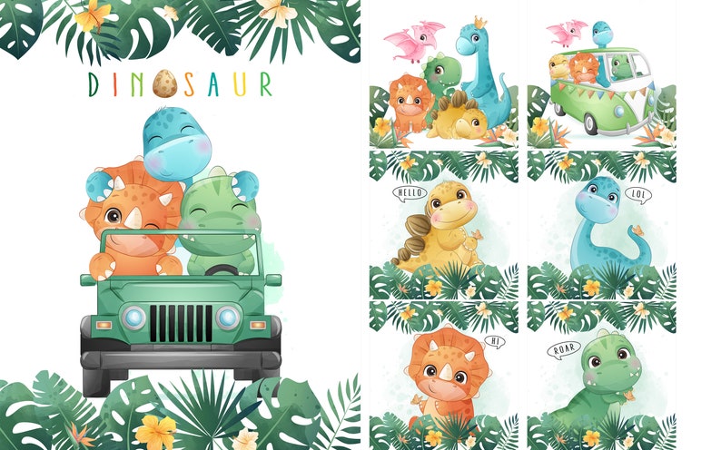 May include: Watercolor illustrations of cute dinosaurs in various scenes. One shows three dinosaurs in a green jeep. Other images feature dinosaurs with speech bubbles and in a green van. Tropical leaves and flowers frame the images.