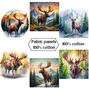 Moose fabric panels for quilts, Wildlife organic cotton fabric panels for quilting, Quilt fabric  cabin wall decor
