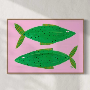 Dos peces verdes. Lámina artística. Póster de animales. Habitación infantil. Decoración del hogar. Nancy McKie.