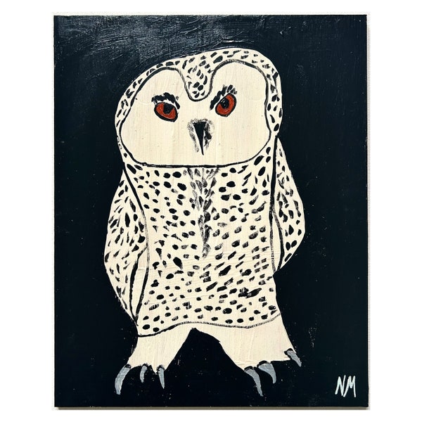 The owl is always watching. Acrylic painting on wooden panel. By Nancy Mckie. Original contemporary artwork.
