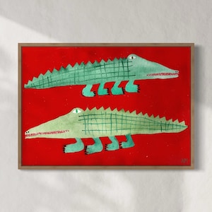 Crocodiles on red. Art print. Animal poster. Kids children’s bedroom. Home decor. Nancy Mckie.