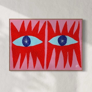 Op de afbeelding: Een abstract schilderij in roze en rood met twee grote blauwe ogen. De ogen hebben een witte iris en een donkerblauwe pupil. De achtergrond is lichtroze met witte stippen. Het schilderij is rechtsonder getekend met "NM".