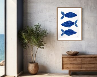 Three Blue Fish Print. Original Art Painting. Giclee Print. Kids