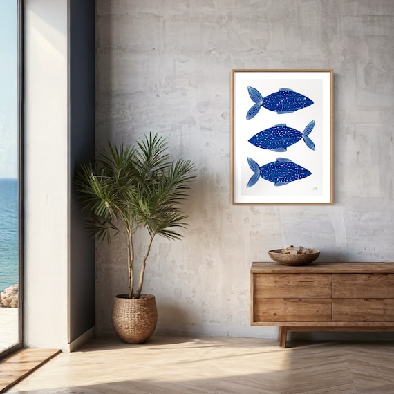 Three Blue Fish Print. Original Art Painting. Giclee Print. Kids