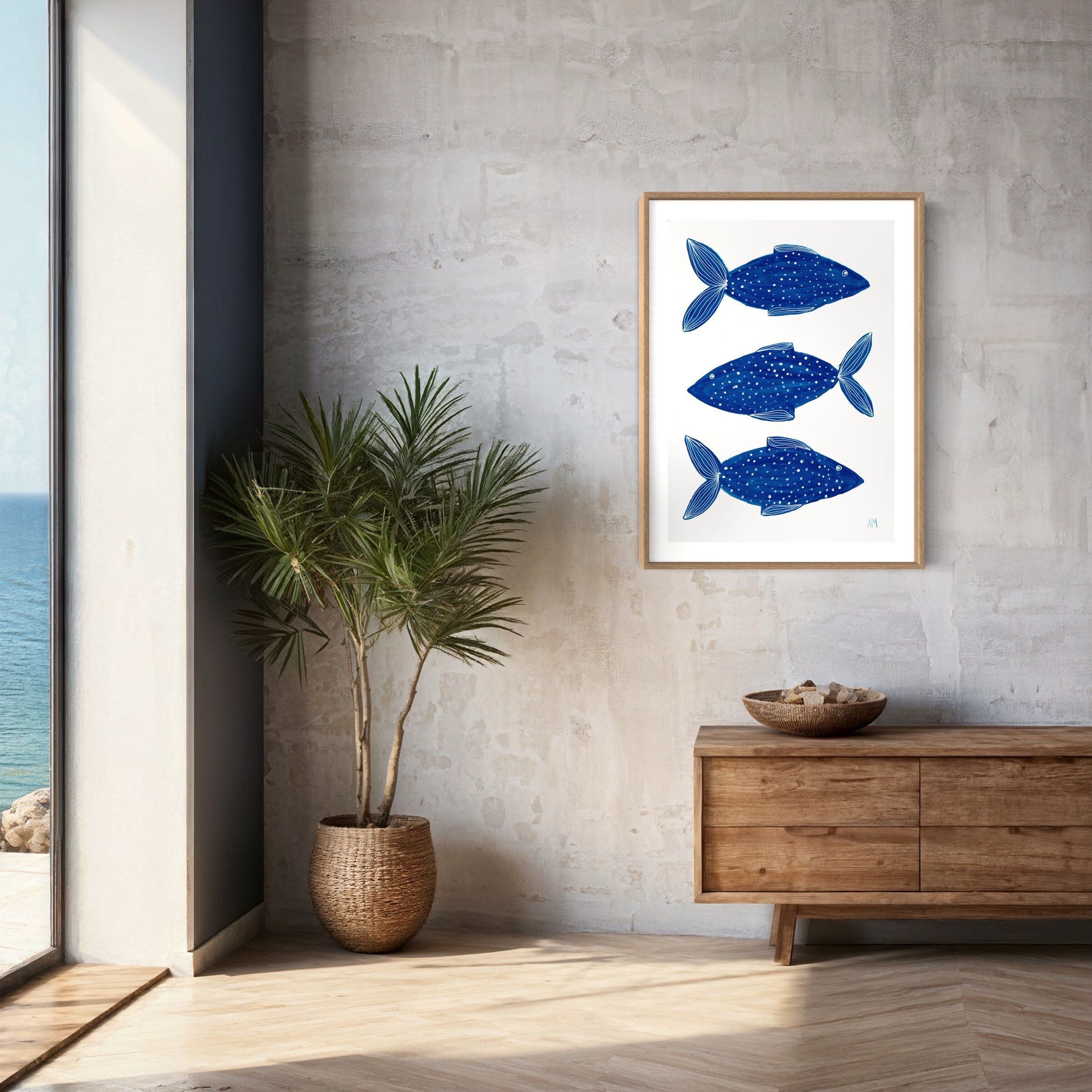 Three Blue Fish Print. Original Art Painting. Giclee Print. Kids
