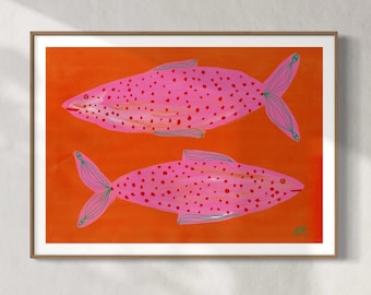 Puede incluir: Dos peces rosas con lunares rojos nadan sobre un fondo naranja. Los peces tienen contornos y aletas verdes.